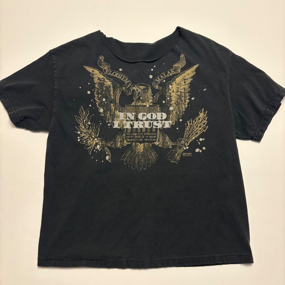 Kerusso T-Shirt Womens L Black In God I Trust Eagle Graphic Raw Neck Distressed